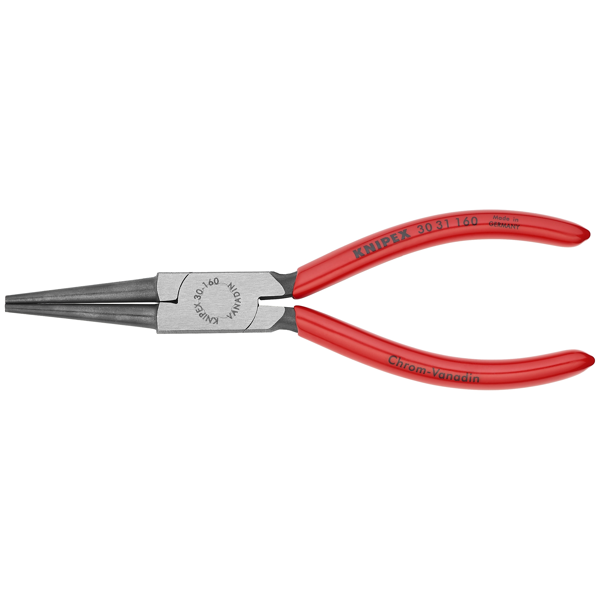 KNIPEX Long Nose Pliers - 6.25in., Round Jaws, Chrome Vanadium, Plastic-Coated Handles, Model# 30 31 160